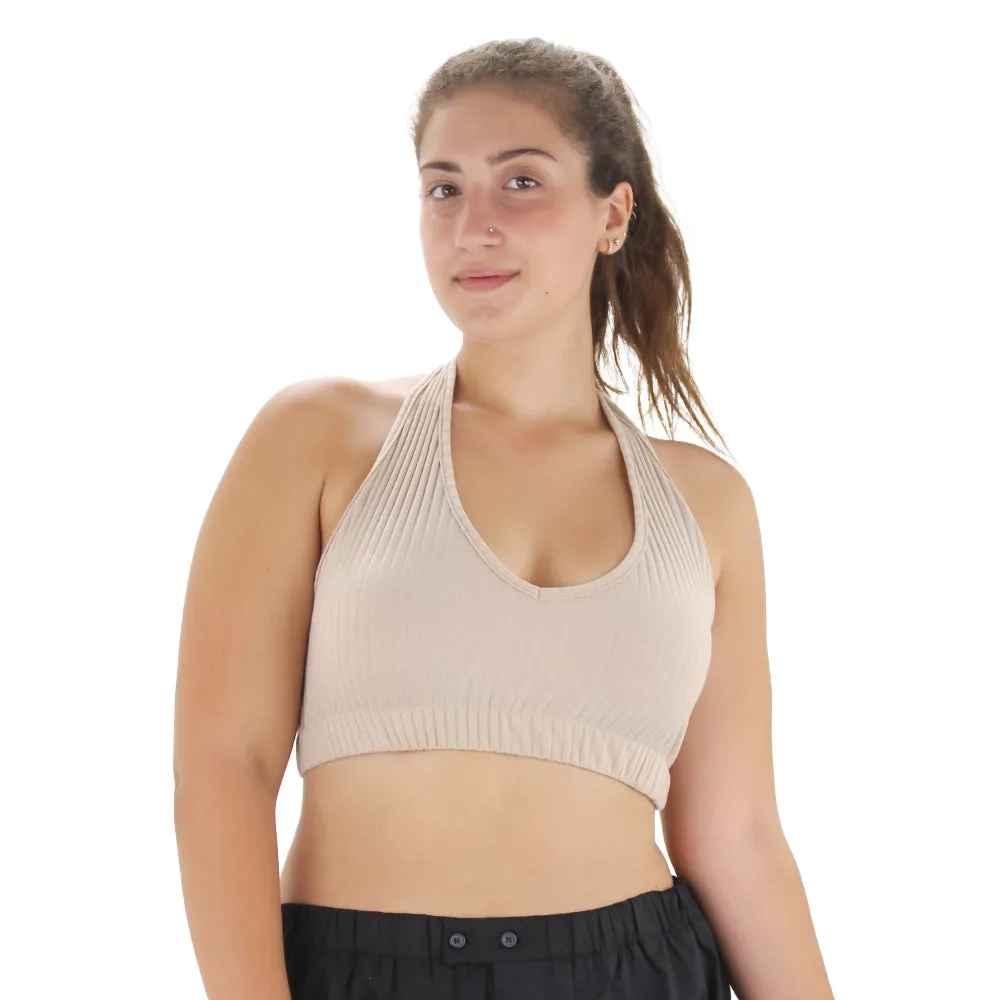 Damen Ripptes Trägertop mit offenem Rücken, Beige