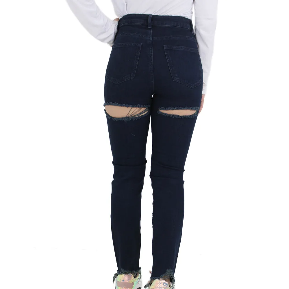Damen Ripped Straight Jeans mit Rissdetails, Marineblau