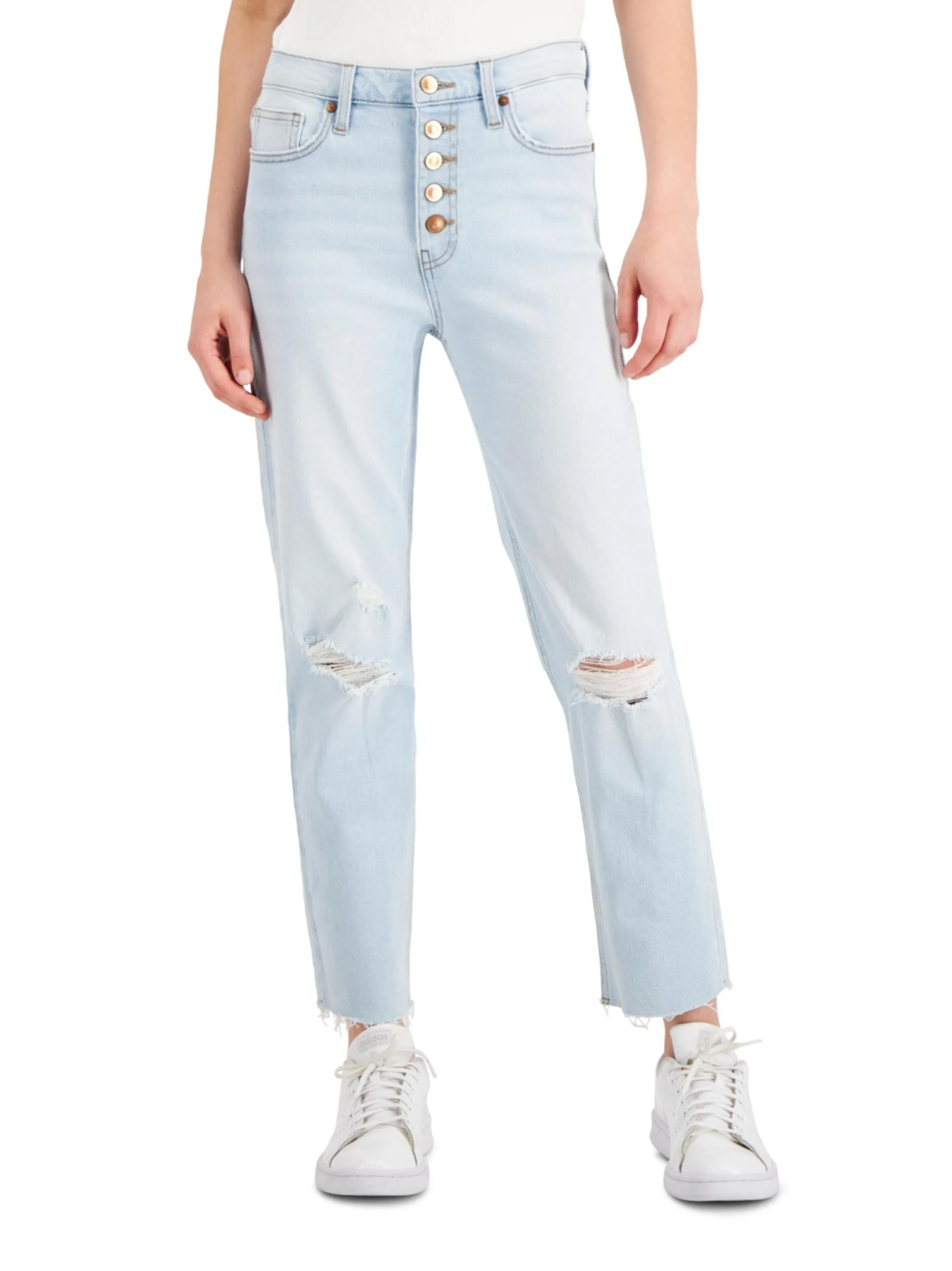 Damen-Jeans mit Rissen und Knopfleiste, Hellblau