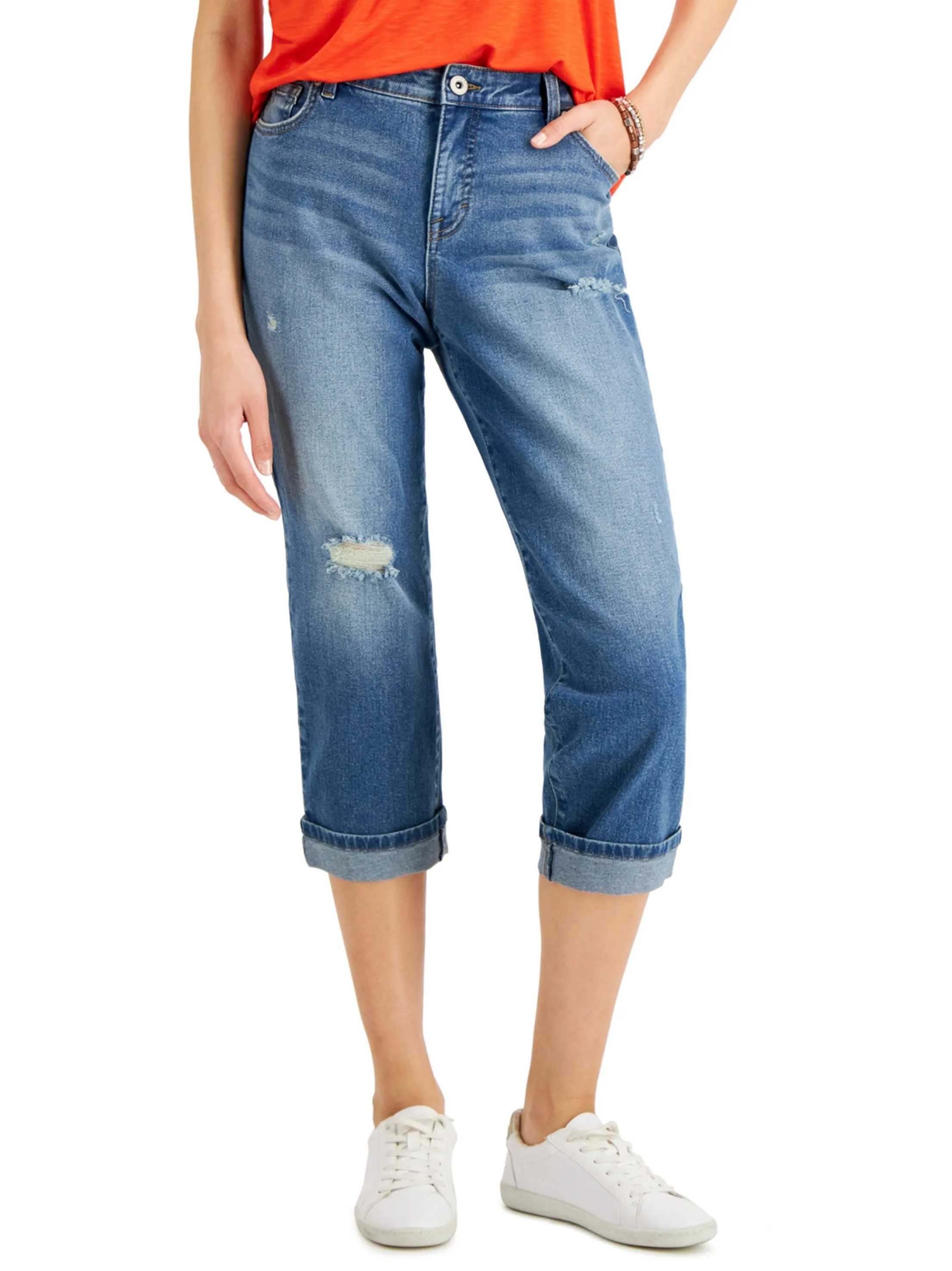 Zerrissene gewaschene Capri-Jeans für Damen, Blau