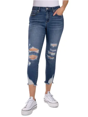 Zerrissene gewaschene Cropped Jeans für Damen, Blau