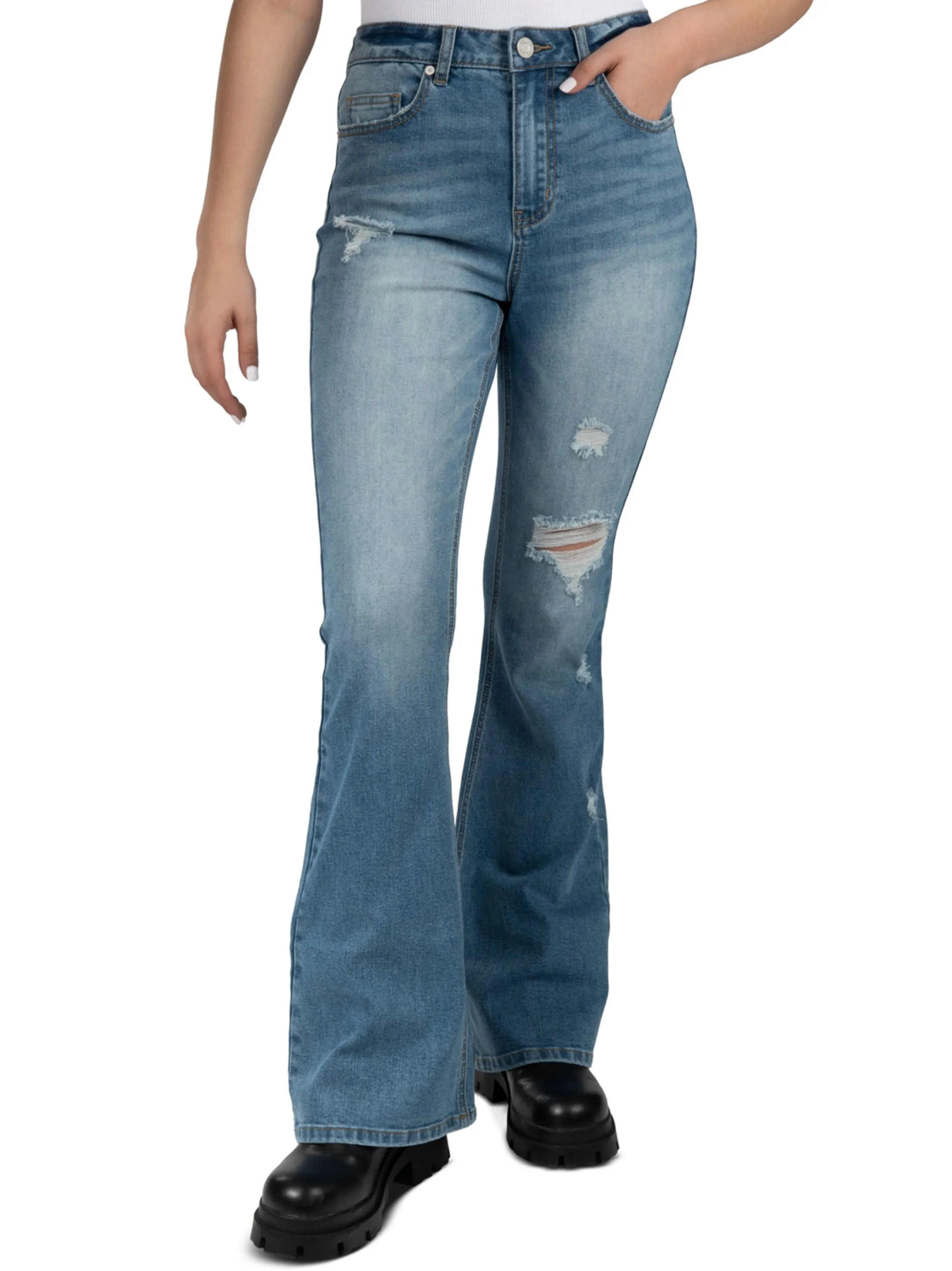 Damen Ripped Washed Flare Jeans, Blau