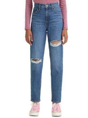 Zerrissene Waschung Mom Jeans für Damen, Blau