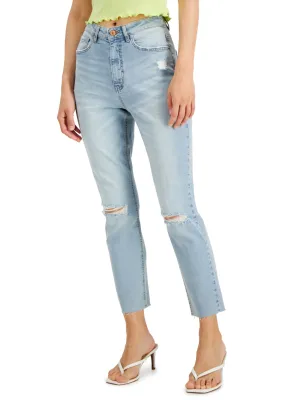 Zerrissene Waschung Mom Jeans für Damen, Hellblau