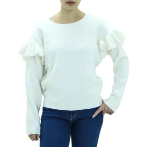 Damen Rüschenpullover mit langen Ärmeln, Weiß