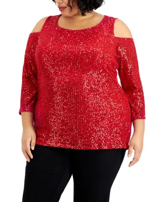 Damen Top mit Pailletten und Cold-Shoulder-Ausschnitt, Rot