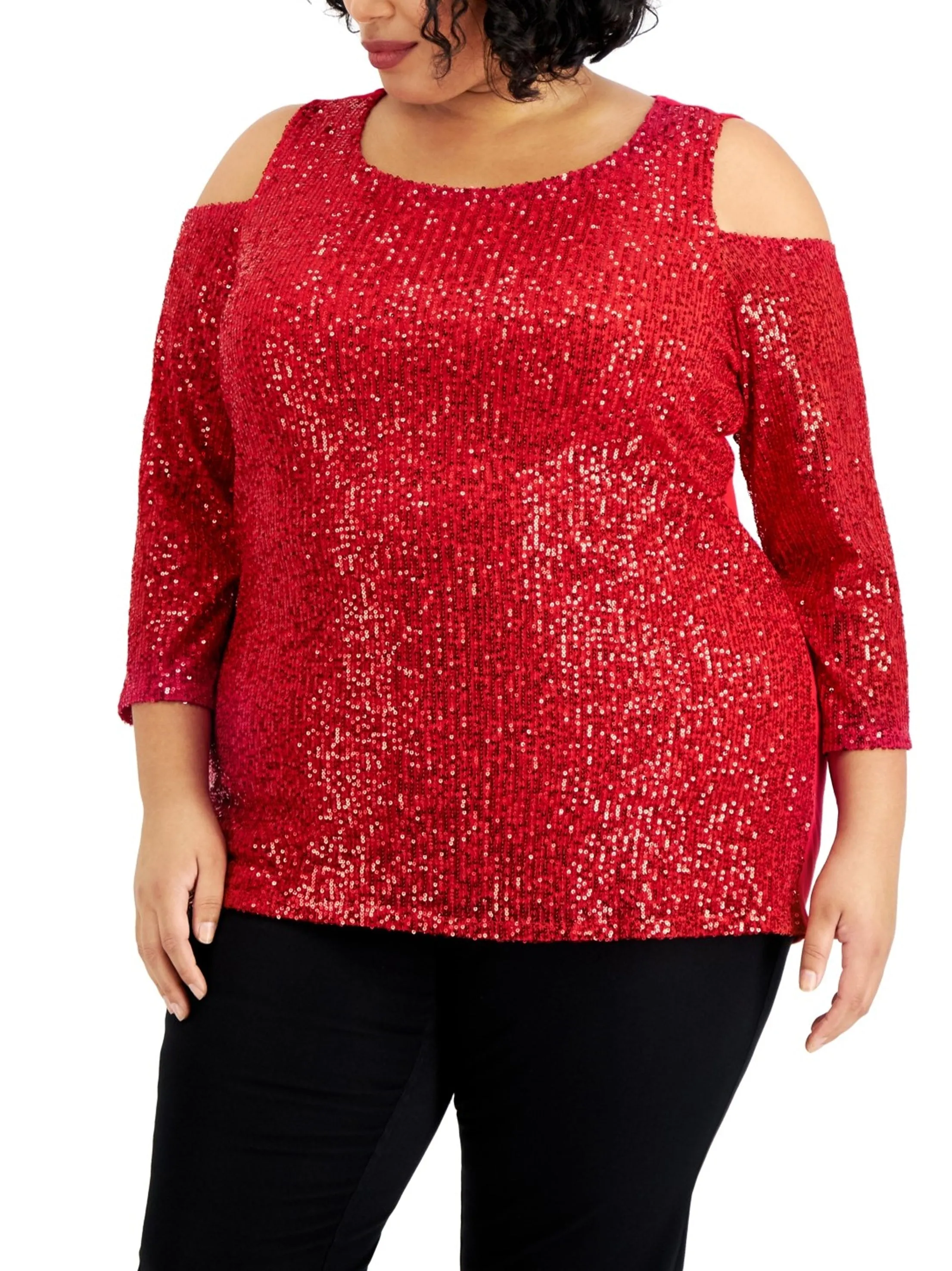 Damen Top mit Pailletten und Cold-Shoulder-Ausschnitt, Rot