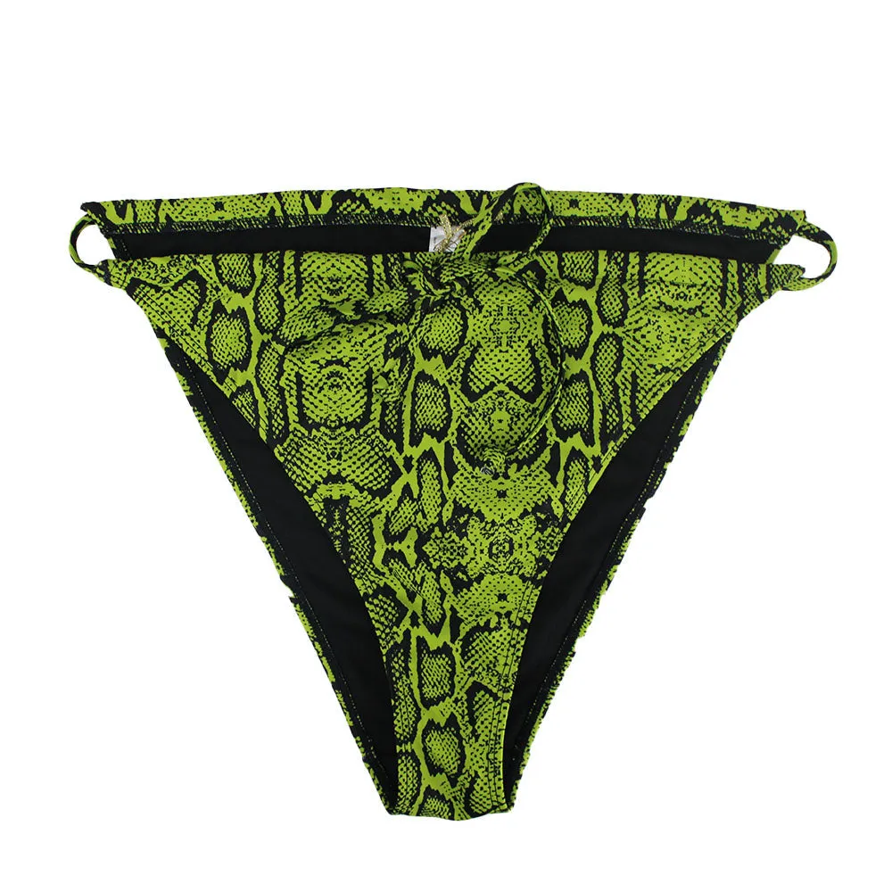 Damen-Bikini-Slip mit Schlangenmuster und Seitenschleife, Neon Grün