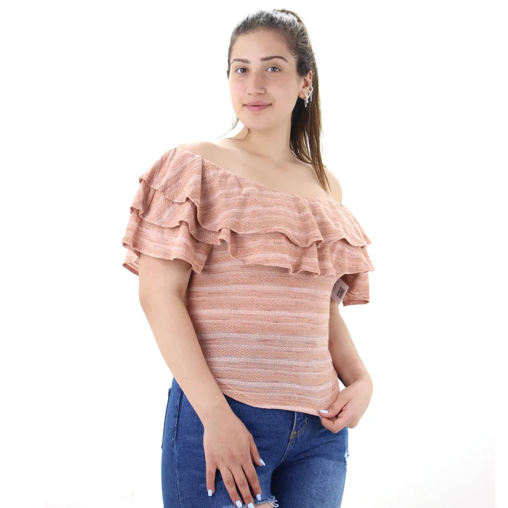 Damen Oberteil mit strukturiertem Design und gestuftem Kragen, Pfirsich