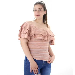 Damen Oberteil mit strukturiertem Design und gestuftem Kragen, Pfirsich