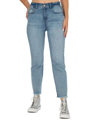 Damen Stonewashed Mom Jeans mit Ausfransungen, Blau