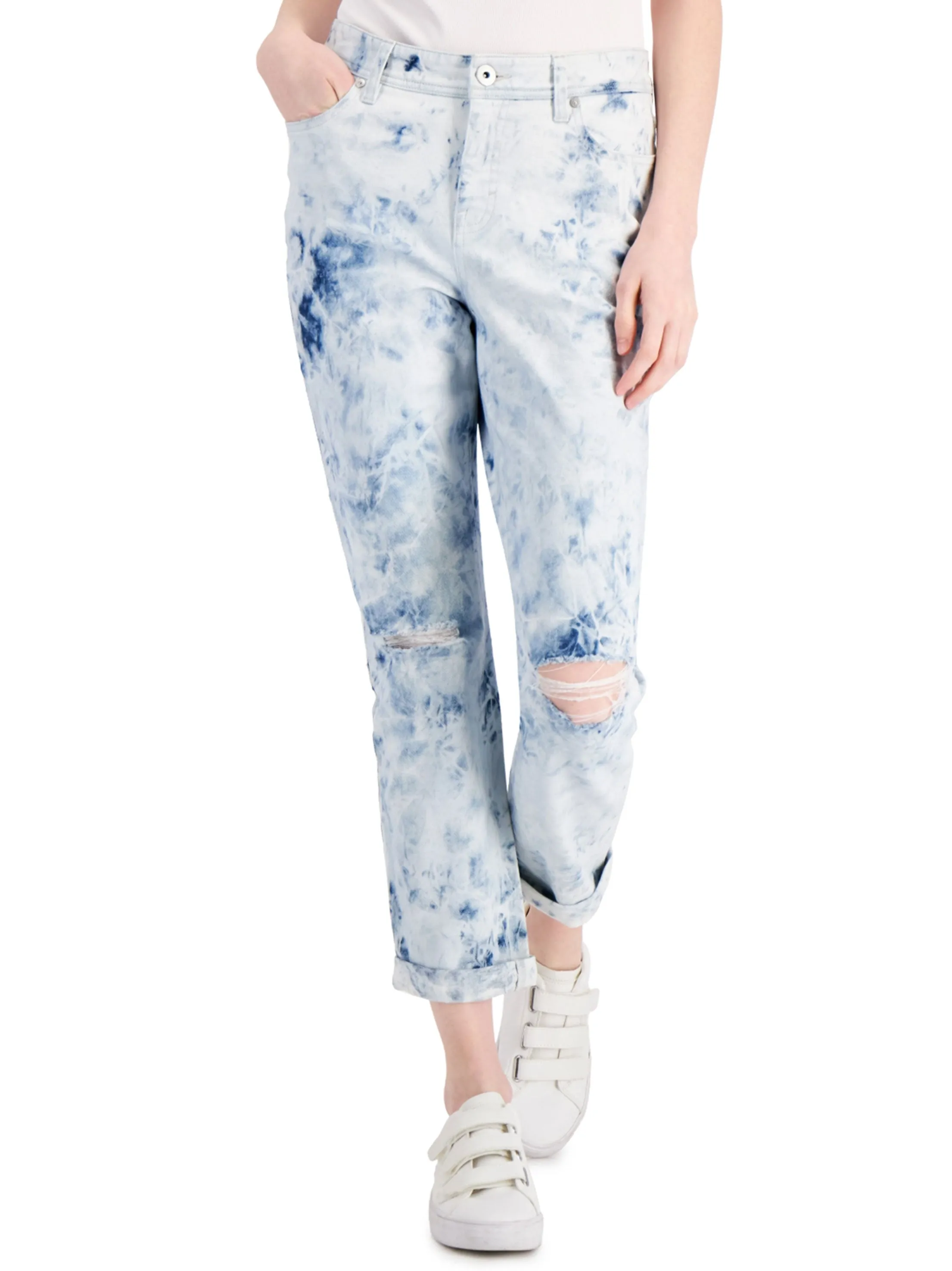 Damens Washed Rissige Boyfriend Jeans, Weiß/Blau