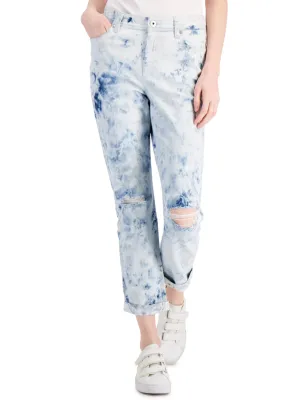 Damens Washed Rissige Boyfriend Jeans, Weiß/Blau