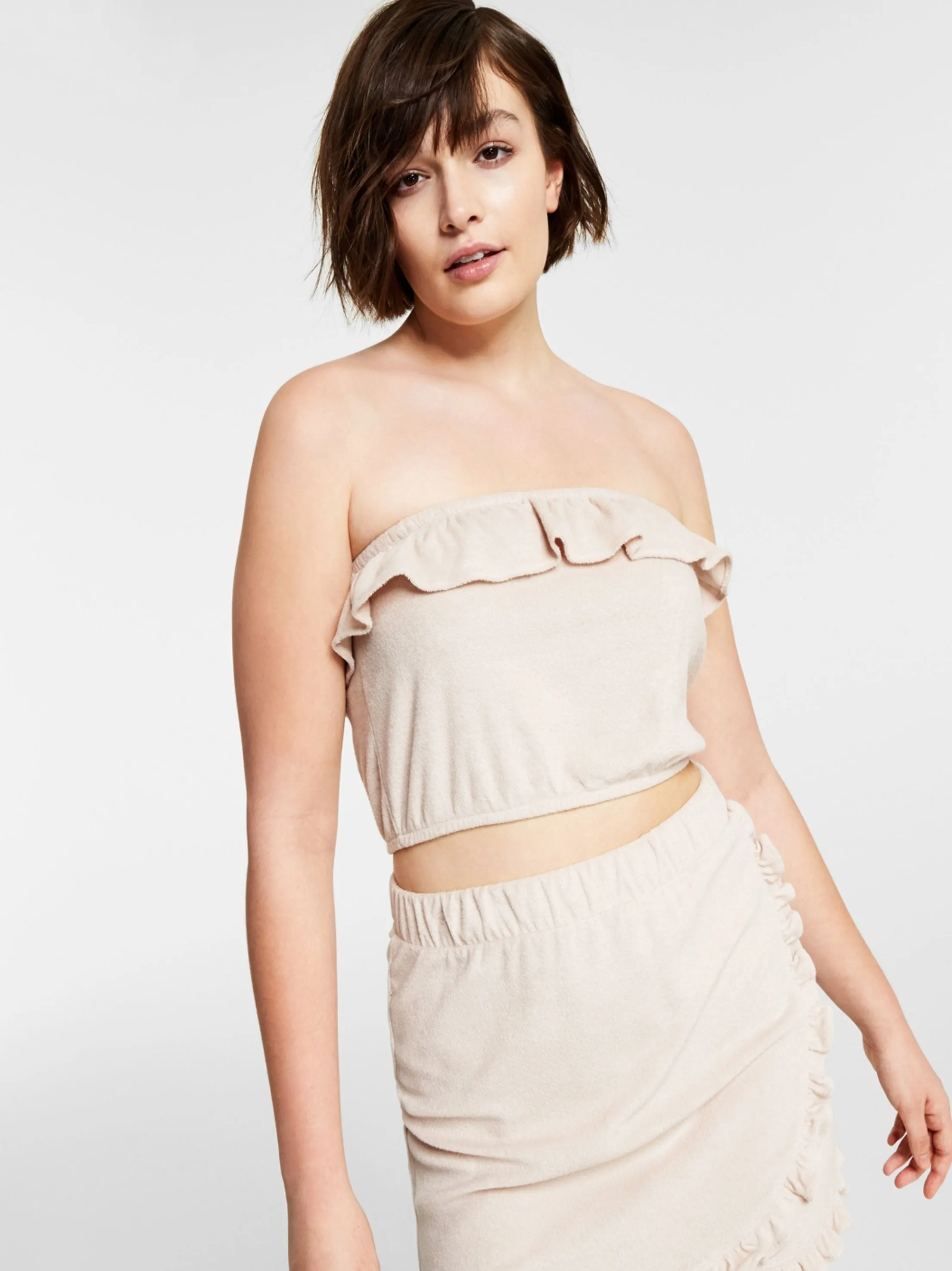 Damen Rüschen-Badeanzug-Oberteil aus Frottee, Beige