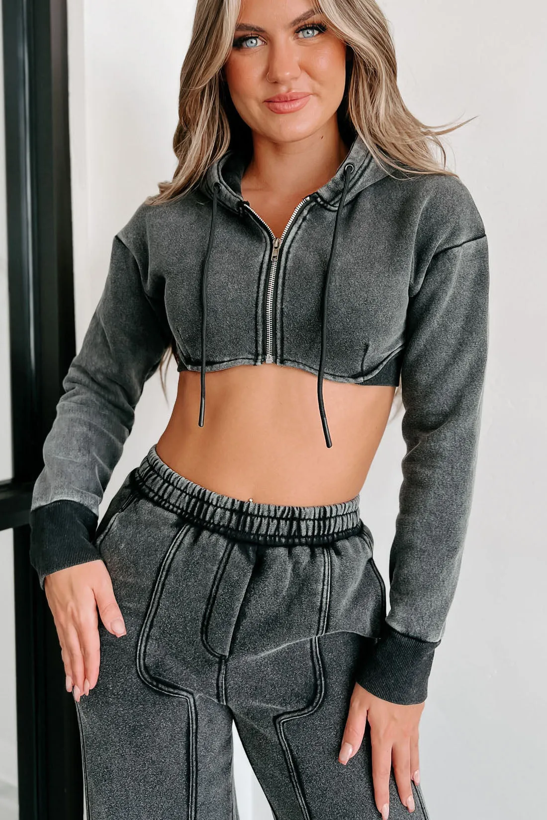 You're Gonna Miss Me Mineral Wash Crop Zipper Hoodie (Gewaschenes Schwarz)