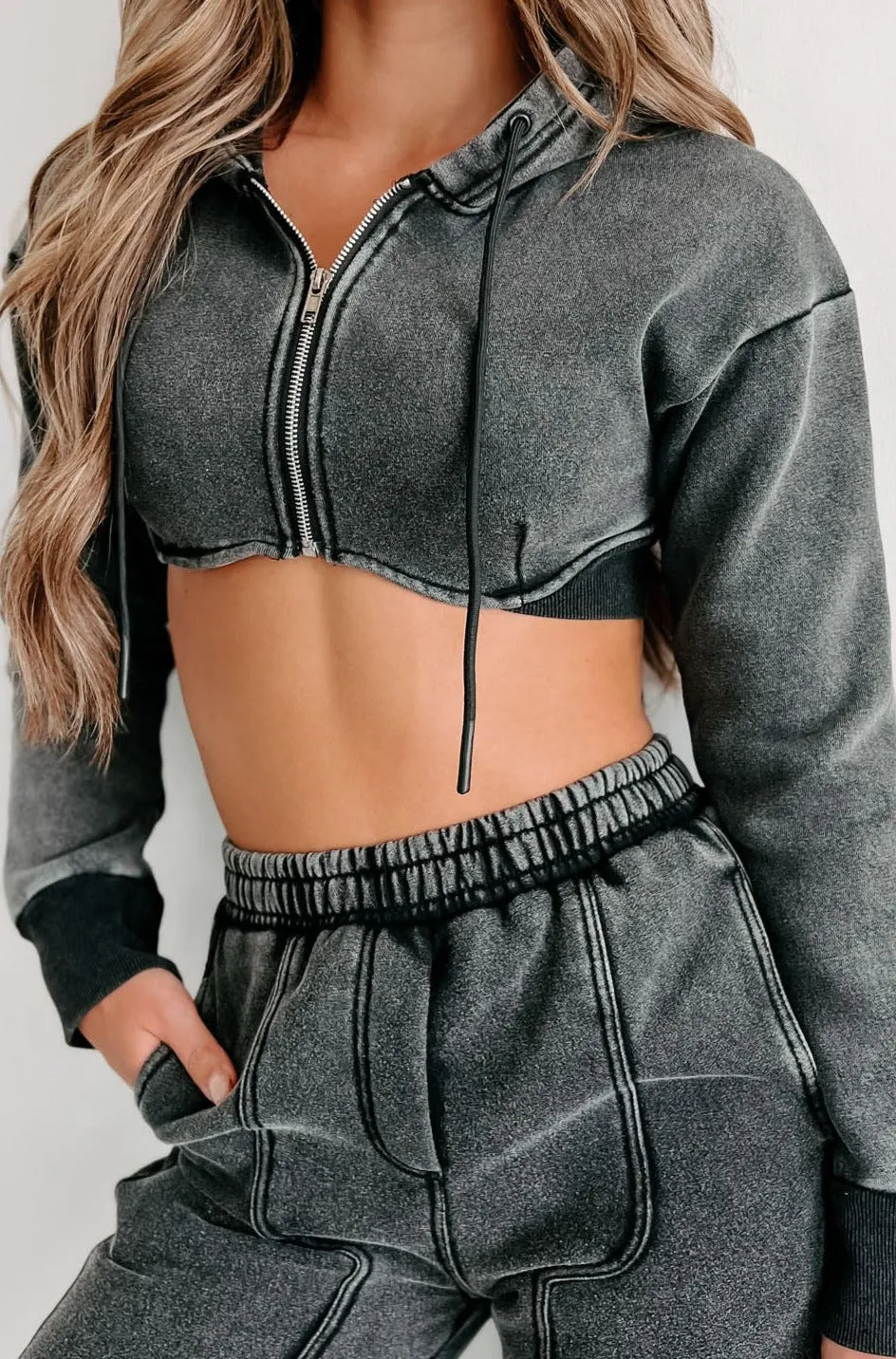 You're Gonna Miss Me Mineral Wash Crop Zipper Hoodie (Gewaschenes Schwarz)